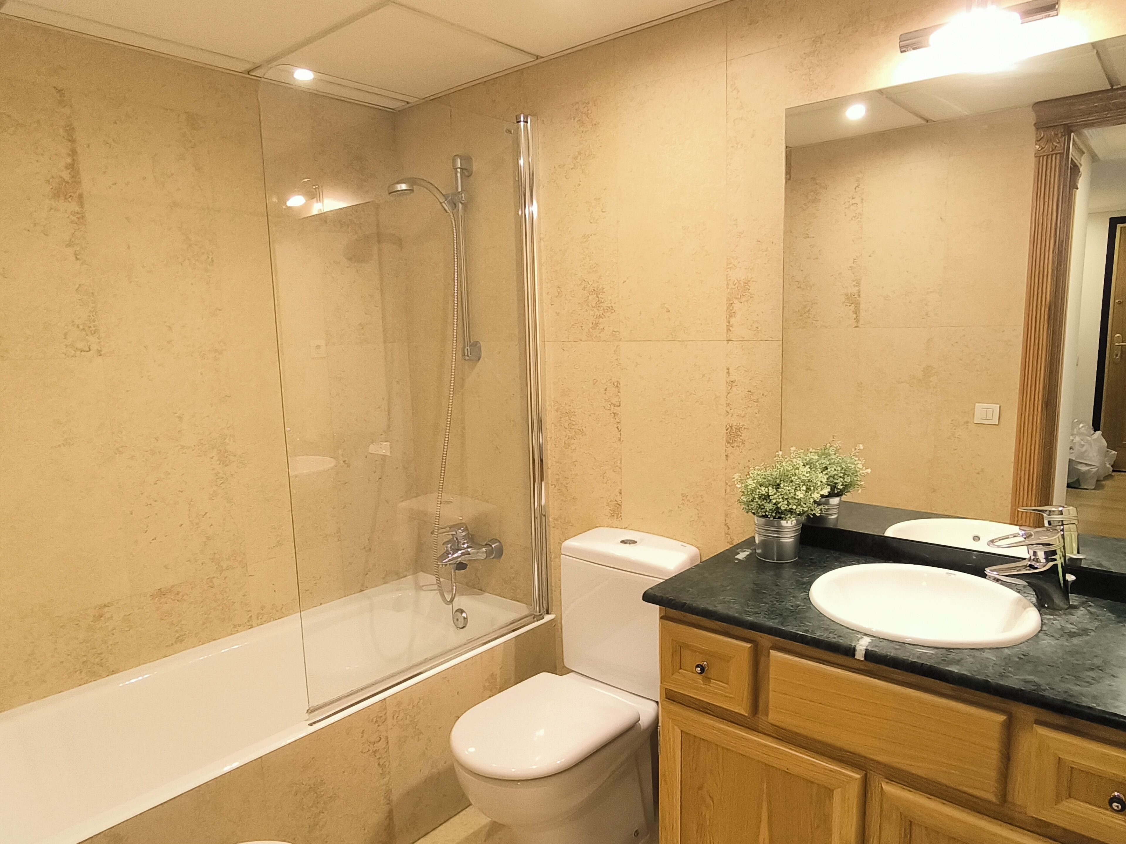 Hair dryer, bidet, towels, soap