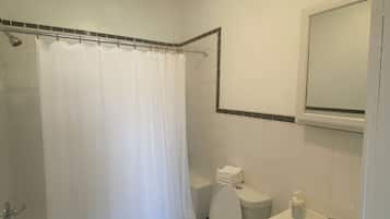 Hair dryer, towels, soap, toilet paper