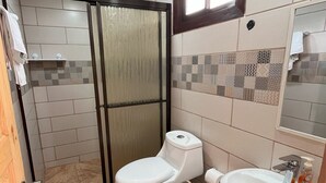 Un baño con inodoro, lavamanos y zona de ducha.