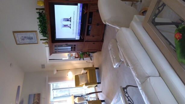 Ein Wohnzimmer mit Fernseher, einem weißen Sofa und Holzschränken.