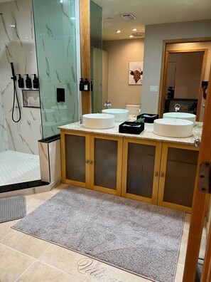 Hair dryer, towels, soap, shampoo