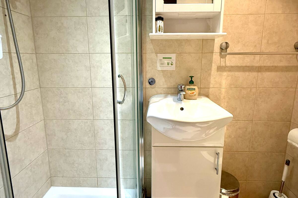 A bathroom with a glass-enclosed shower, a sink with a mirror above, and a toilet.