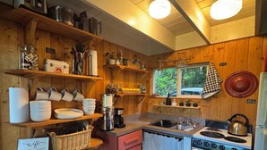 A compact kitchen with wooden walls, a gas stove, a sink, and various kitchen utensils and appliances. - Tiny Cabin Couples escape! Hot tub, dry sauna, VIEWS!  (Gold Bar)