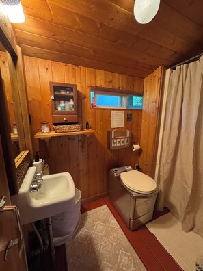 Een douche, handdoeken, zeep, toiletpapier