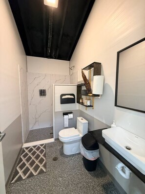 A modern bathroom with a toilet, sink, and shower.