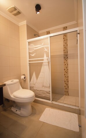Douche, serviettes fournies, savon, papier toilette