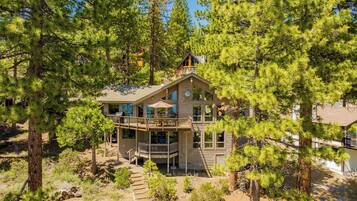 A two-story house surrounded by dense pine trees.