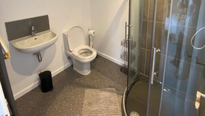 Een badkamer met een wastafel, toilet en douchecabine met glazen wanden.