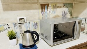 Een keuken met een toaster, waterkoker en een potplant op het aanrecht.