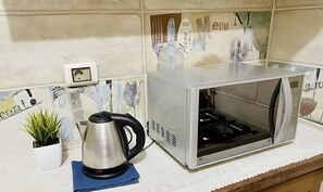 Uma cozinha com forno elétrico, chaleira e um vaso de planta no balcão.
