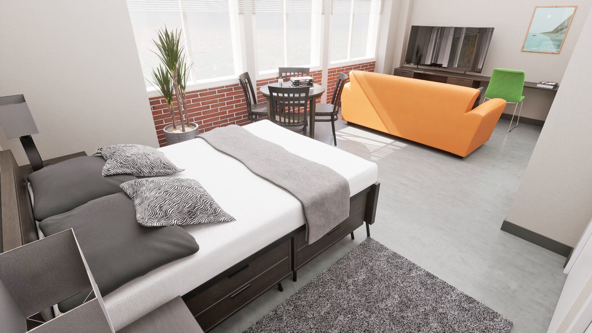 Laptop workspace, free WiFi, bed sheets