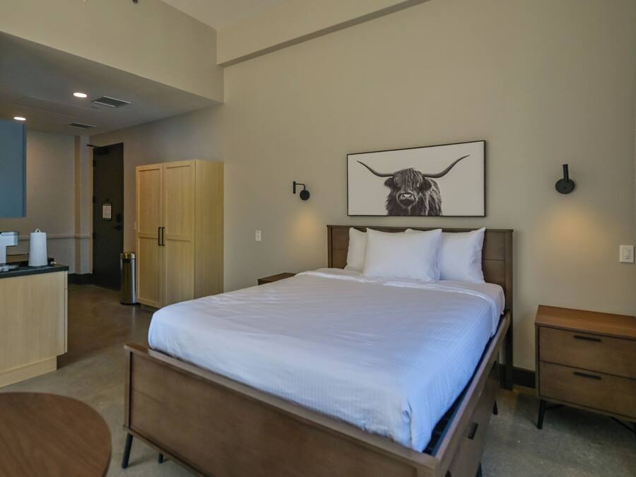 A hotel room with a bed, bedside table, a small desk with a chair, a wardrobe, and a picture of a bull on the wall.