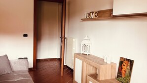 Un salón acogedor con un sofá, un tapete estampado, una consola de madera y una lámpara colgante de mimbre.