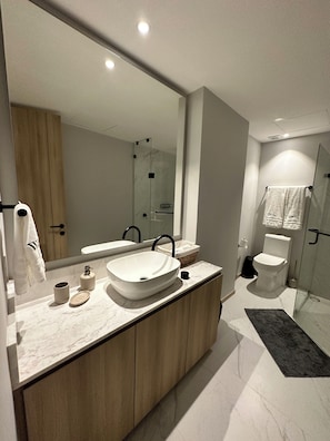Hair dryer, towels, soap, toilet paper