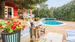 A pool area with a patio, a bottle of champagne, and potted plants.