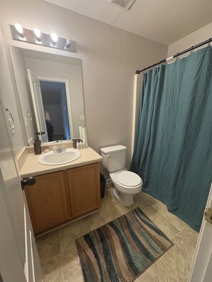 Hair dryer, towels, soap, toilet paper