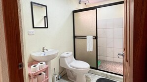 Een badkamer met toilet, wastafel en douche.