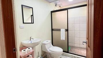 Shower, towels, soap, toilet paper