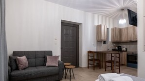 A compact living space with a sofa, a dining table, chairs, a kitchen area, and a TV mounted on the wall. - House of Muses: Erato (Lefktro)
