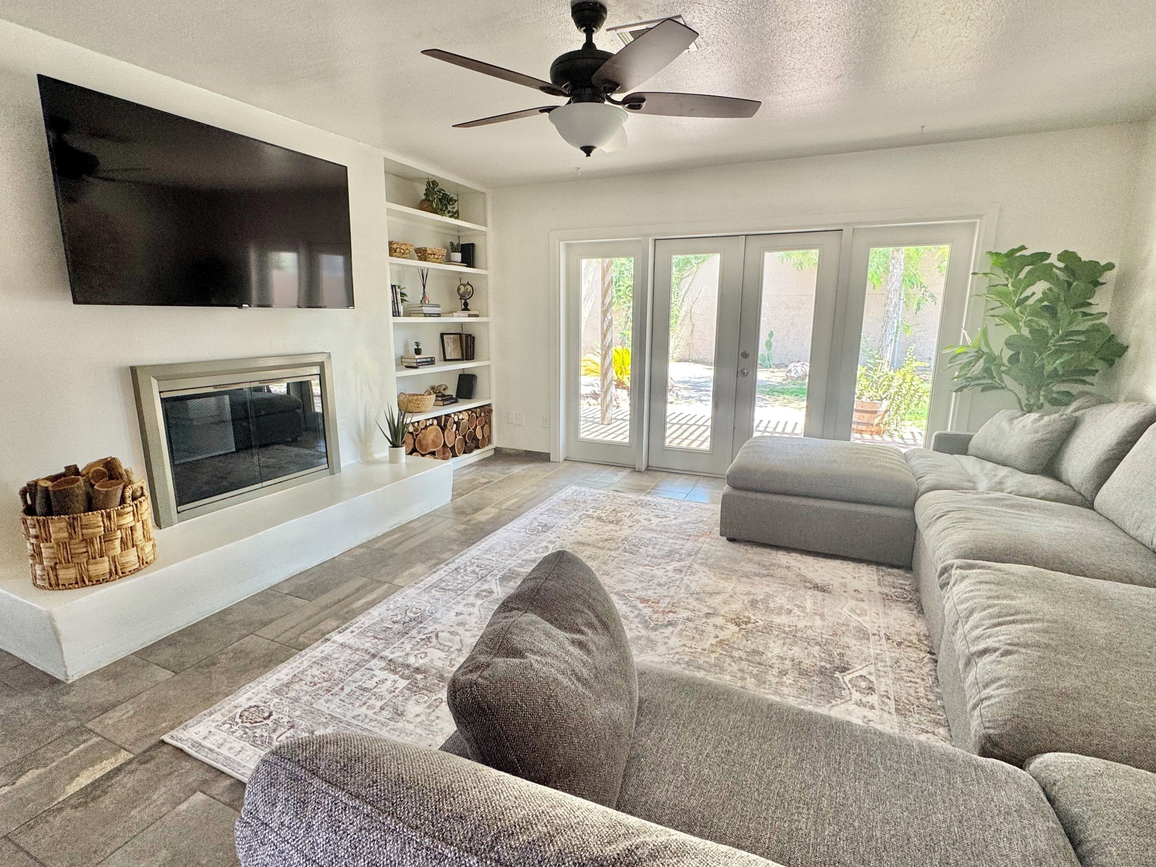 Smart TV, fireplace, books