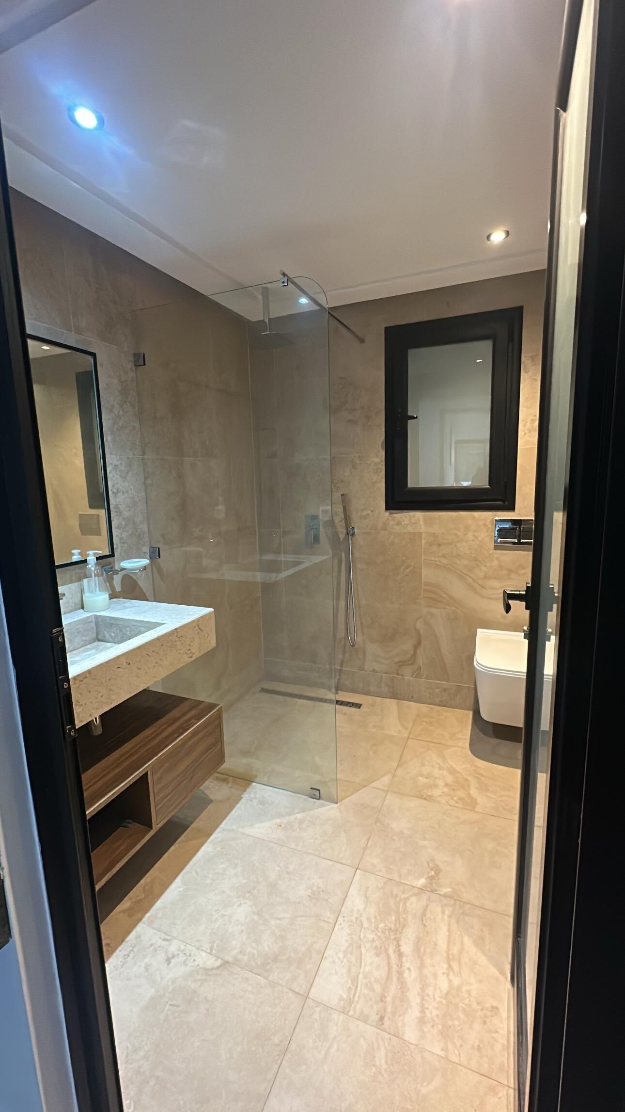 Jetted bath, hair dryer, towels, soap