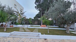 Un giardino curato con un vialetto lastricato, piante in vaso e un edificio bianco sullo sfondo.
