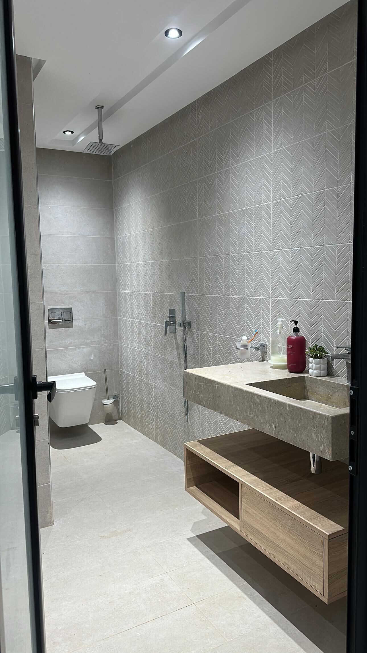 Une salle de bain moderne équipée d’une douche, de toilettes et d’un meuble-lavabo.