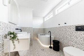 Shower, hair dryer, shampoo