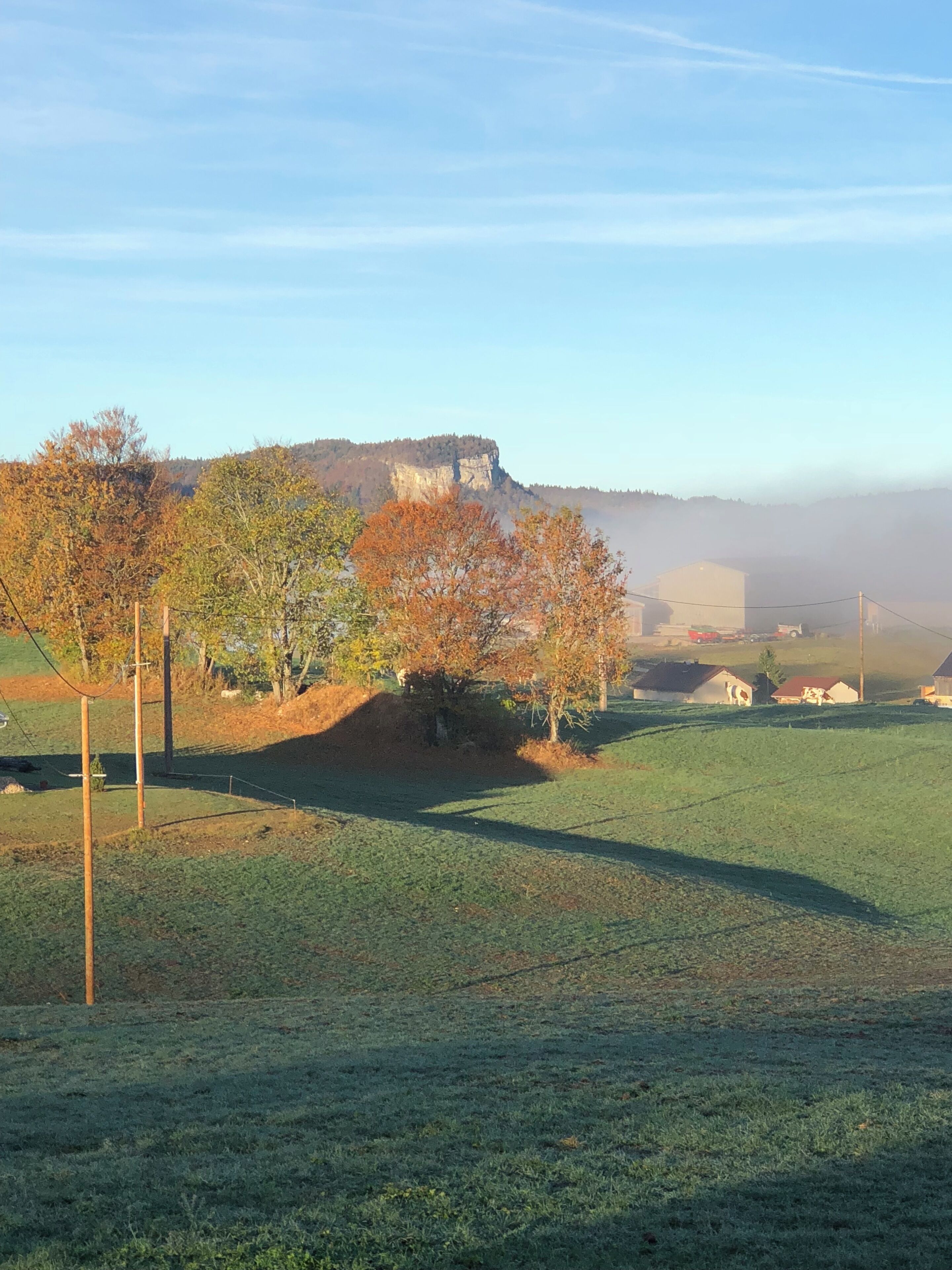 Un paysage rural caractérisé par une falaise imposante, des arbres et quelques bâtiments en arrière-plan.