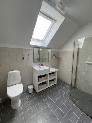 Een douche, een haardroger, handdoeken, zeep