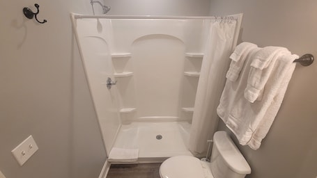 Shower, hair dryer, towels, soap. Modern, 1 King Bedroom overlooking downtown