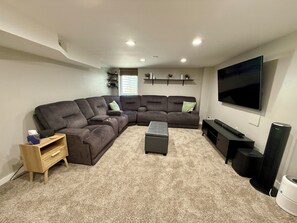 Smart TV, fireplace, books