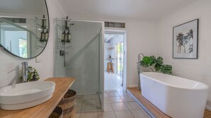 Shower, hair dryer, shampoo