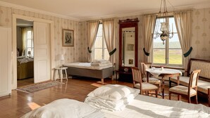 A bedroom with a bed, a table, chairs, a mirror, and a view of the outdoors.