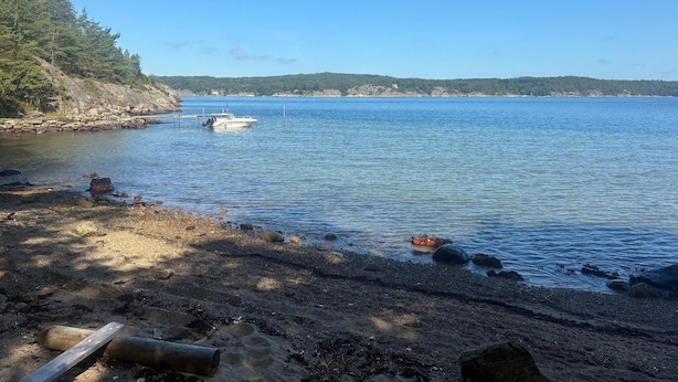 A serene lakeside view with a boat docked on the shore, surrounded by rocky terrain and dense forest.