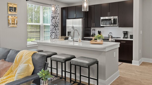 A modern kitchen with dark cabinets, stainless steel appliances, and a central island. - Studio/Self Check-In/30+Day Stays (Goose Creek)