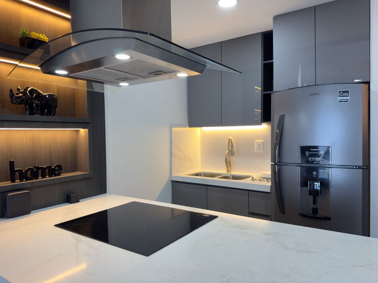 Fridge, microwave, stovetop, coffee/tea maker