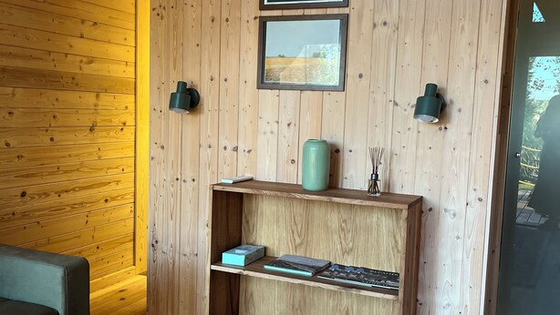 A cozy room with wooden walls, a sofa, a coffee table, a rug, and a shelf with books and a vase. - Ritopia Glamping (Kovilj)