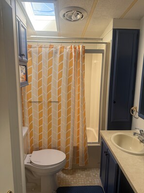 Hair dryer, towels, soap, toilet paper