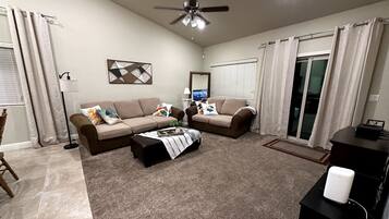 Smart TV, fireplace, books