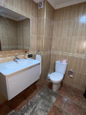 Dusj, hårføner, håndklær og såpe