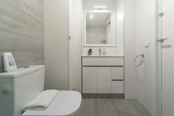 Shower, hair dryer, towels