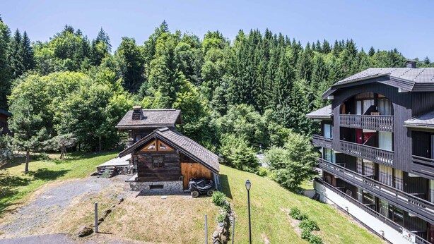 A wooden cabin with a stone foundation, a larger building with balconies, surrounded by dense forest.