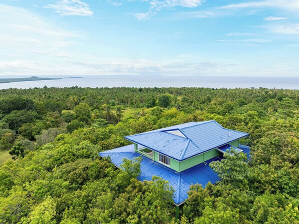 Una casa con techo azul rodeada de un bosque verde frondoso y vista al océano.