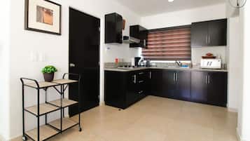 Fridge, microwave, coffee/tea maker, toaster