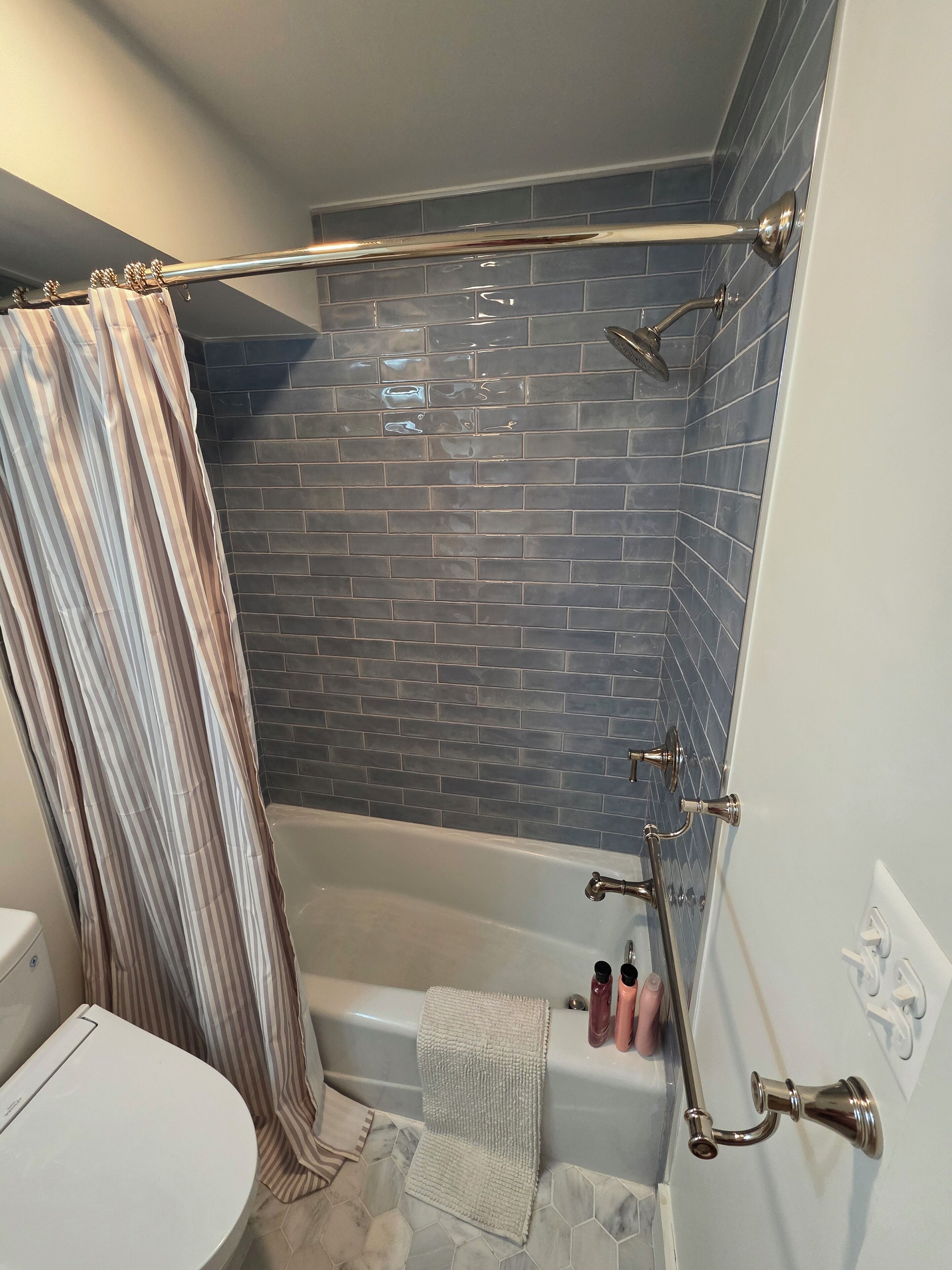 Hair dryer, bidet, towels, soap