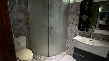 Shower, towels, soap, toilet paper