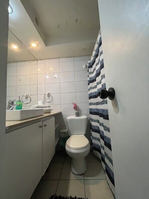 Sèche-cheveux, serviettes fournies, savon, papier toilette