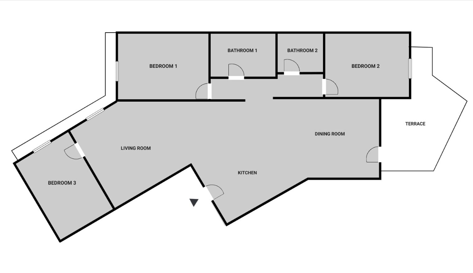 A floor plan with three bedrooms, a living room, a kitchen, a dining room, two bathrooms, and a terrace.