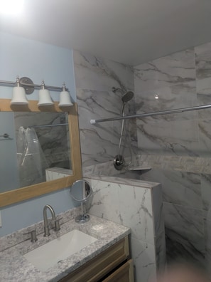 Hair dryer, towels, soap, toilet paper